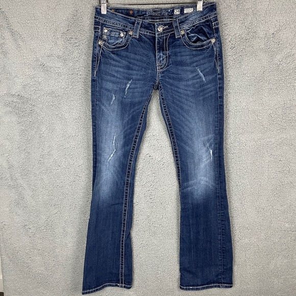 MISS ME Signature Rise Boot Cut Jeans Womens 29x33 Thick Stitch Distressed - Picture 1 of 16